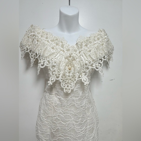Vintage Jessica McClintock Lace Sheath Wedding Dress Off Shoulder Ivory White - Picture 2 of 12